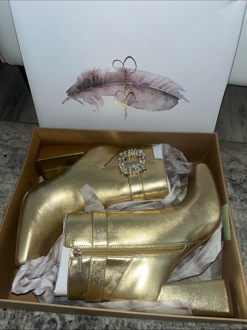 Jessica Simpson Gold Metallic Block Heel Ankle Booties with Crystal Buckle
